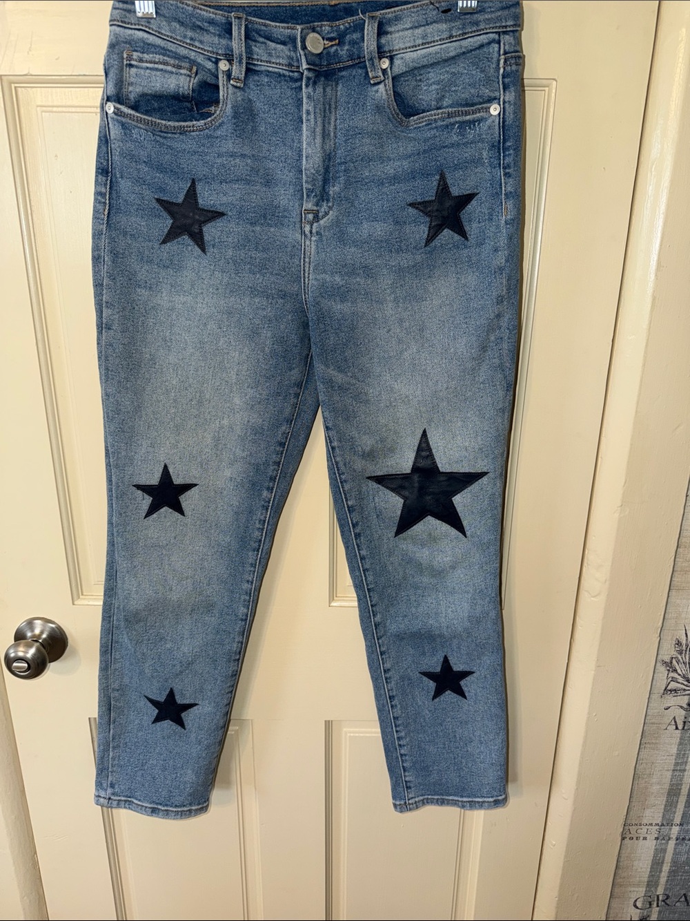 Blank NYC Blue Denim Ankle Jeans with Black Star Appliqués
